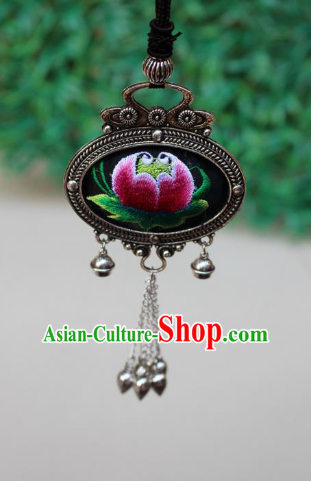 Traditional Chinese Miao Nationality Crafts Jewelry Accessory, Hmong Handmade Miao Silver Bells Tassel Double Side Embroidery Flowers Pendant, Miao Ethnic Minority Bells Necklace Accessories Sweater Chain Pendant for Women