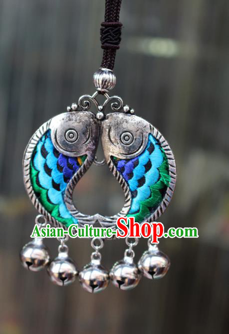 Traditional Chinese Miao Nationality Crafts Jewelry Accessory, Hmong Handmade Miao Silver Kiss Fish Bells Tassel Double Side Embroidery Flowers Pendant, Miao Ethnic Minority Bells Necklace Accessories Sweater Chain Pendant for Women