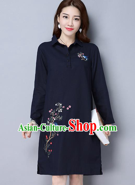 Traditional Ancient Chinese National Costume, Elegant Hanfu Hand Embroidered Dress, China Tang Suit Embroidered Cheongsam Upper Outer Garment Elegant Navy Dress Clothing for Women