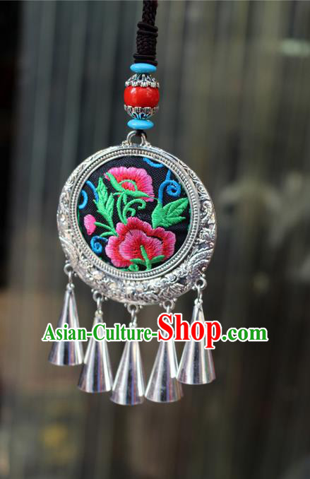 Traditional Chinese Miao Nationality Crafts Jewelry Accessory, Hmong Handmade Miao Silver Tassel Double Side Embroidery Flowers Pendant, Miao Ethnic Minority Bells Black Rope Necklace Accessories Sweater Chain Pendant for Women