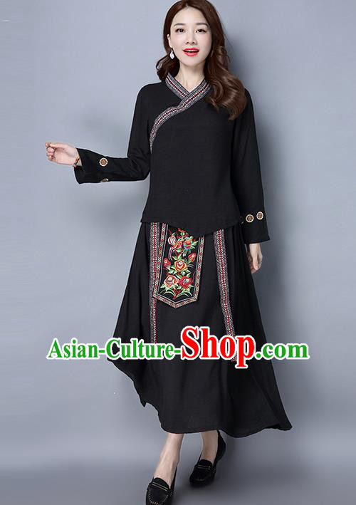 Traditional Ancient Chinese Ancient Costume, Elegant Hanfu Clothing Black Embroidered Blouse and Skirt, China Tang Dynasty Folk Dance Blouse and Skirt Complete Set for Women