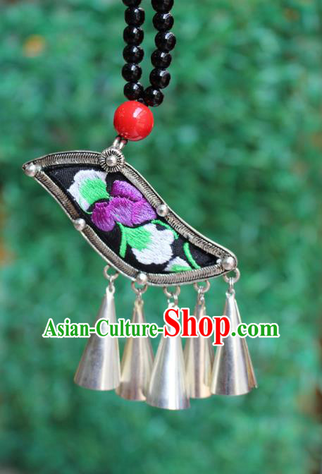 Traditional Chinese Miao Nationality Crafts Jewelry Accessory, Hmong Handmade Miao Silver Bells Tassel Double Side Embroidery Flowers Pendant, Miao Ethnic Minority Bells Black Rope Necklace Accessories Sweater Chain Pendant for Women
