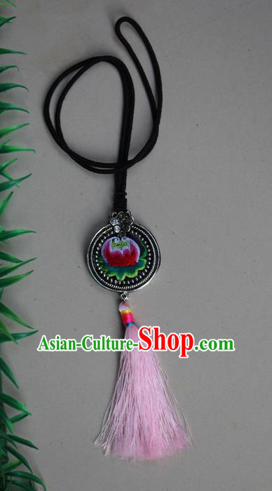 Traditional Chinese Miao Nationality Crafts Jewelry Accessory, Hmong Handmade Miao Silver Tassel Embroidery Pendant, Miao Ethnic Minority Necklace Accessories Sweater Chain Pendant for Women