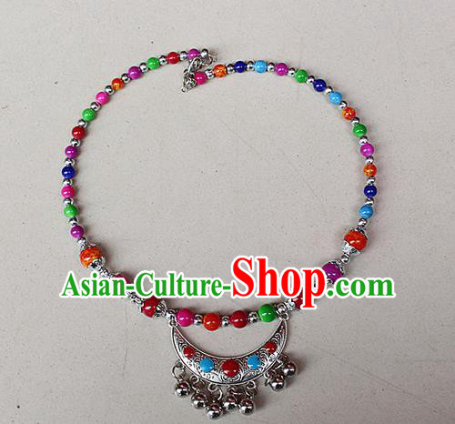 Traditional Chinese Miao Nationality Crafts Jewelry Accessory, Hmong Handmade Miao Silver Bells Tassel Collar, Miao Ethnic Minority Beads Necklace Accessories Headwear for Women