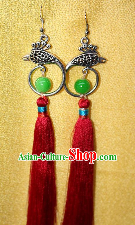 Traditional Chinese Miao Nationality Crafts Jewelry Accessory Classical Earbob Accessories, Hmong Handmade Miao Silver Phoenix Palace Lady Red Silk Tassel Earrings, Miao Ethnic Minority Eardrop for Women