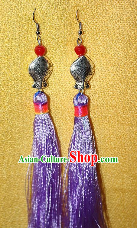Traditional Chinese Miao Nationality Crafts Jewelry Accessory Classical Earbob Accessories, Hmong Handmade Miao Silver Kiss Fish Palace Lady Purple Silk Tassel Earrings, Miao Ethnic Minority Eardrop for Women