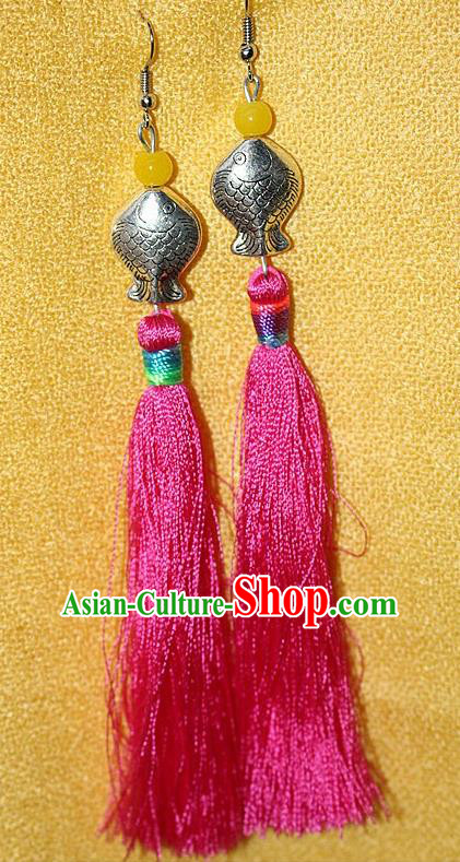 Traditional Chinese Miao Nationality Crafts Jewelry Accessory Classical Earbob Accessories, Hmong Handmade Miao Silver Kiss Fish Palace Lady Pink Silk Tassel Earrings, Miao Ethnic Minority Eardrop for Women