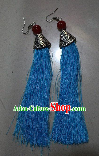 Traditional Chinese Miao Nationality Crafts Jewelry Accessory Classical Earbob Accessories, Hmong Handmade Palace Lady Blue Silk Tassel Earrings, Miao Ethnic Minority Eardrop for Women