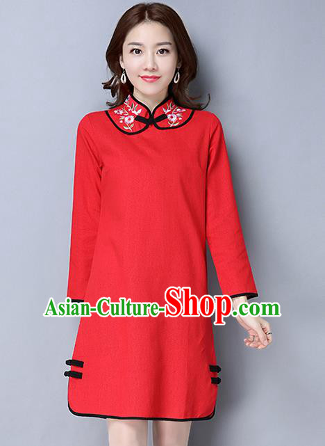 Traditional Ancient Chinese National Costume, Elegant Hanfu Plated Button Embroidered Stand Collar Red Dress, China Tang Suit Cheongsam Dress Upper Outer Garment Dress Clothing for Women