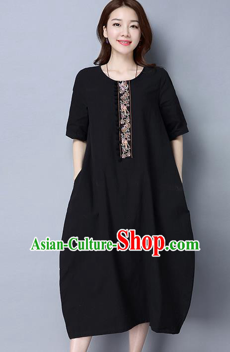 Traditional Ancient Chinese National Costume, Elegant Hanfu Linen Black Embroidery Dress, China Tang Suit Cheongsam Upper Outer Garment Elegant Dress Clothing for Women