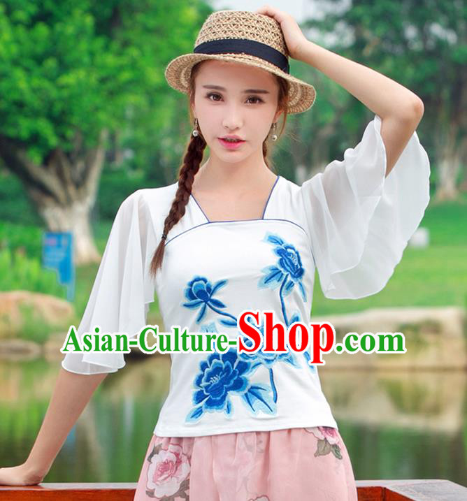 Traditional Ancient Chinese National Costume, Elegant Hanfu Embroidered Blue Peony T-Shirt, China Tang Suit Mandarin Sleeve Blouse Cheongsam Qipao Shirts Clothing for Women