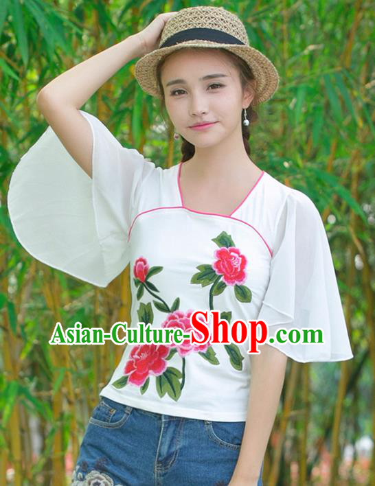 Traditional Ancient Chinese National Costume, Elegant Hanfu Embroidered Red Peony T-Shirt, China Tang Suit Mandarin Sleeve Blouse Cheongsam Qipao Shirts Clothing for Women