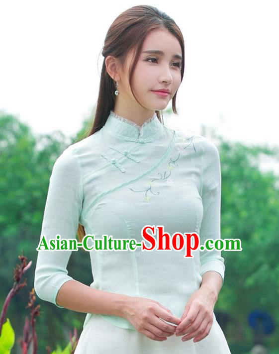 Traditional Ancient Chinese National Costume, Elegant Hanfu Embroidered Flowers Light Green Shirt, China Tang Suit Mandarin Collar Blouse Cheongsam Qipao Shirts Clothing for Women