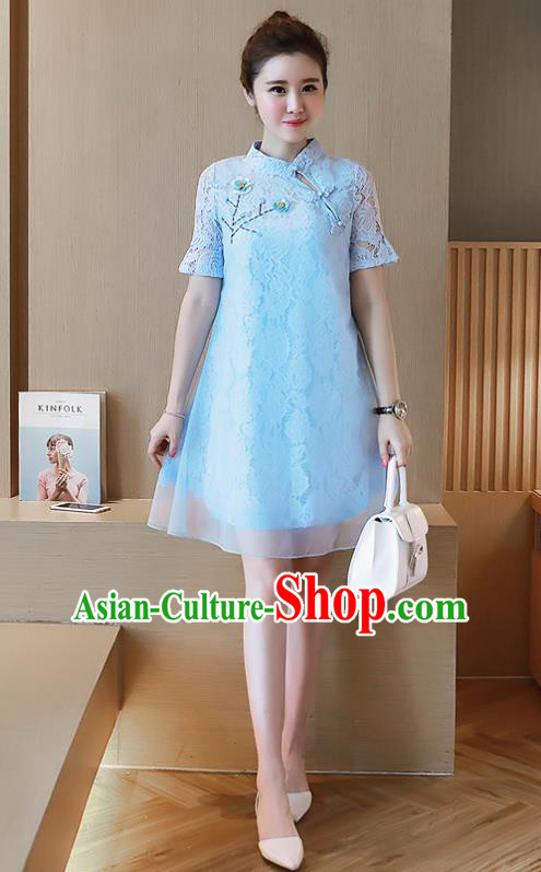 Traditional Ancient Chinese National Costume, Elegant Hanfu Organza Stand Collar Qipao Embroidered Dress, China Tang Suit Cheongsam Upper Outer Garment Elegant Blue Short Dress Clothing for Women
