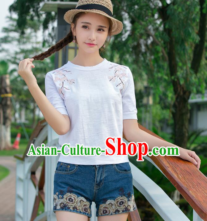 Traditional Ancient Chinese National Costume, Elegant Hanfu Embroidered Flowers T-Shirt, China Tang Suit Round Collar Blouse Cheongsam Qipao Base Shirts Clothing for Women