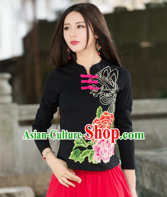 Traditional Ancient Chinese National Costume, Elegant Hanfu Embroidered Peony Flowers Plated Buttons T-Shirt, China Tang Suit Mandarin Collar Black Blouse Cheongsam Qipao Base Shirts Clothing for Women