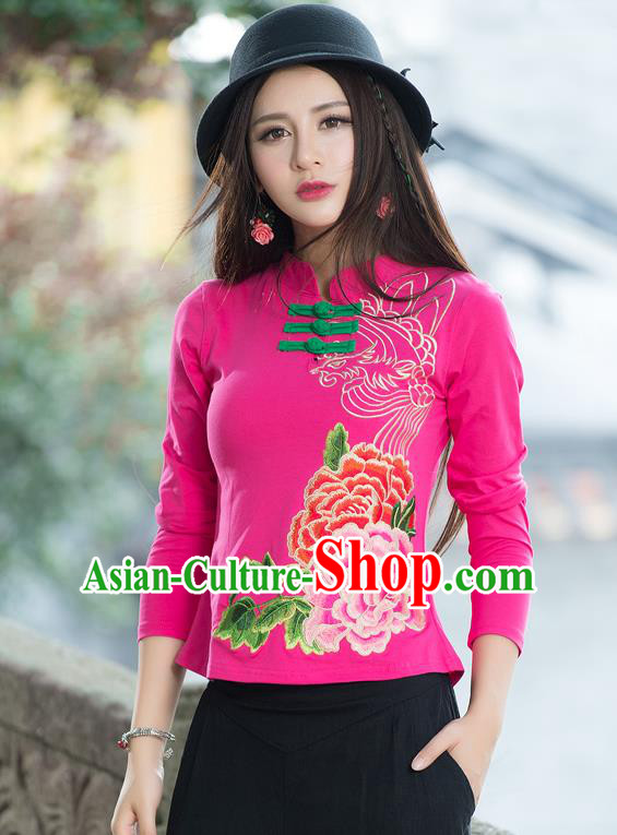 Traditional Ancient Chinese National Costume, Elegant Hanfu Embroidered Peony Flowers Plated Buttons T-Shirt, China Tang Suit Mandarin Collar Pink Blouse Cheongsam Qipao Base Shirts Clothing for Women