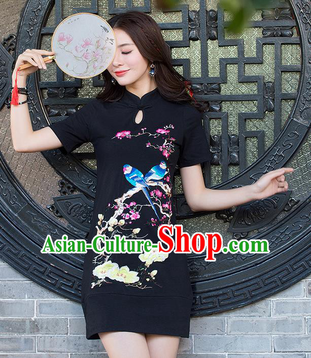 Traditional Ancient Chinese National Costume, Elegant Hanfu Mandarin Sleeve Dress, China Tang Suit Embroidered Cheongsam Upper Outer Garment Elegant Black Dress Clothing for Women