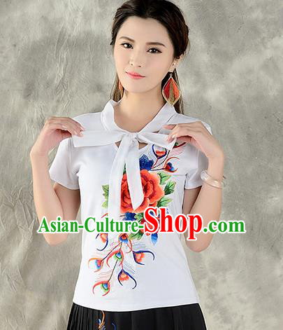 Traditional Ancient Chinese National Costume, Elegant Hanfu Embroidered Peony Halter Tops White T-Shirt, China Tang Suit Short Sleeve Blouse Cheongsam Qipao Shirts Clothing for Women