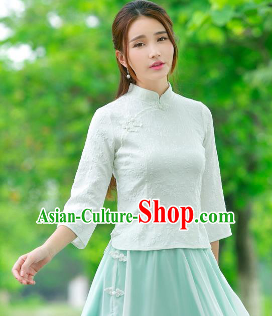 Traditional Ancient Chinese National Costume, Elegant Hanfu Embroidered White Shirt, China Tang Suit Mandarin Collar Blouse Cheongsam Qipao Shirts Clothing for Women