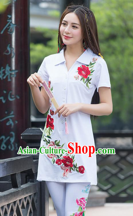 Traditional Ancient Chinese National Costume, Elegant Hanfu Embroidered Peony Flowers White Long T-Shirt, China Tang Suit Blouse Cheongsam Qipao Shirts Clothing for Women