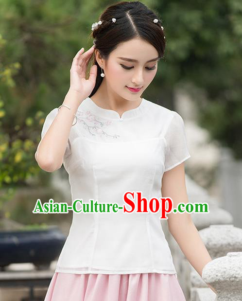 Traditional Ancient Chinese National Costume, Elegant Hanfu Organza Embroidered Shirt, China Tang Suit Mandarin Collar Blouse Cheongsam Qipao Shirts Clothing for Women
