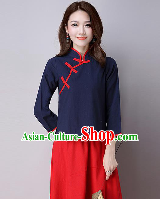Traditional Ancient Chinese National Costume, Elegant Hanfu Linen Stand Collar Shirt, China Tang Suit Mandarin Collar Blouse Cheongsam Qipao Navy Shirts Clothing for Women
