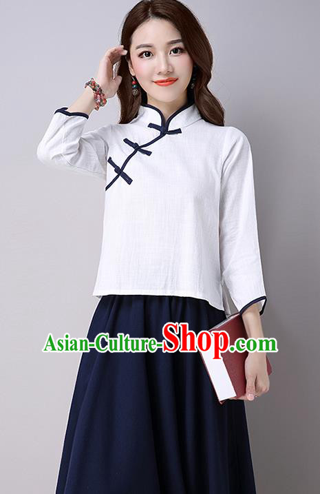 Traditional Ancient Chinese National Costume, Elegant Hanfu Linen Stand Collar Shirt, China Tang Suit Mandarin Collar Blouse Cheongsam Qipao White Shirts Clothing for Women
