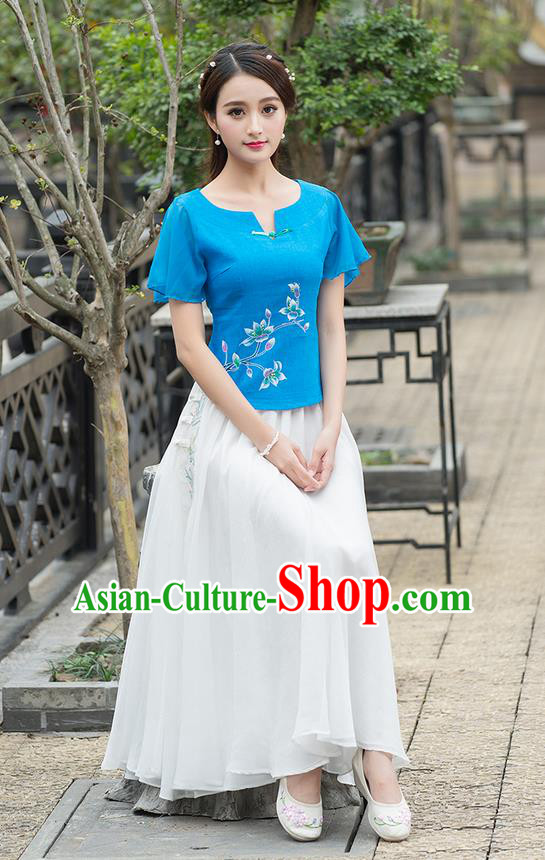 Traditional Ancient Chinese National Costume, Elegant Hanfu Round Collar Shirt, China Tang Suit Mandarin Sleeve Blouse Cheongsam Qipao Blue Shirts Clothing for Women
