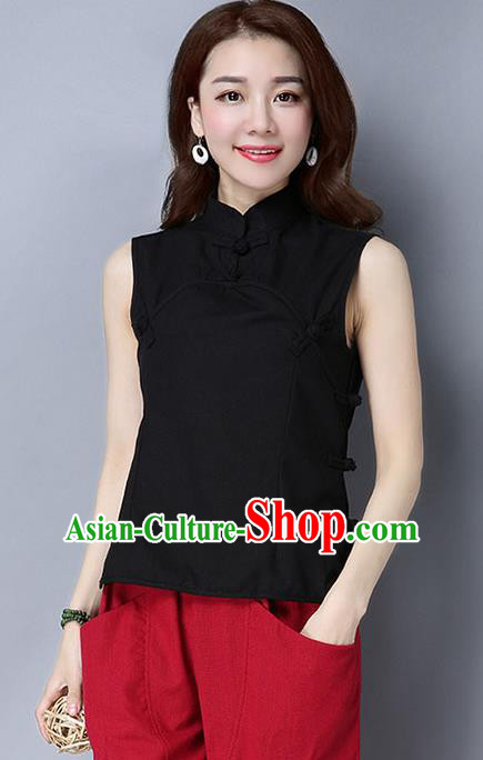 Traditional Ancient Chinese National Costume, Elegant Hanfu Plated Buttons Vest Shirt, China Tang Suit Mandarin Collar Black Blouse Cheongsam Qipao Shirts Clothing for Women