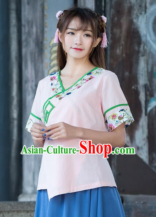 Traditional Ancient Chinese National Costume, Elegant Hanfu Embroidered Slant Opening Pink Shirt, China Ming Dynasty Tang Suit Blouse Cheongsam Qipao Shirts Clothing for Women