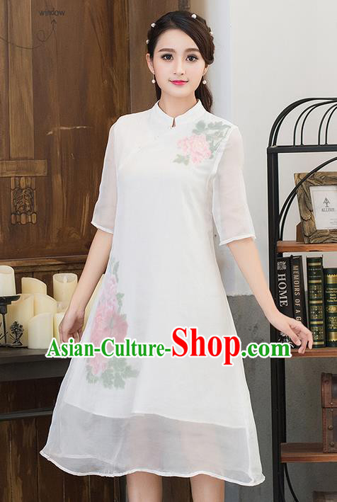 Traditional Ancient Chinese National Costume, Grace Hanfu Mandarin Qipao Embroidered Dress, China Tang Suit Stand Collar Cheongsam Upper Outer Garment Elegant Dress Clothing for Women