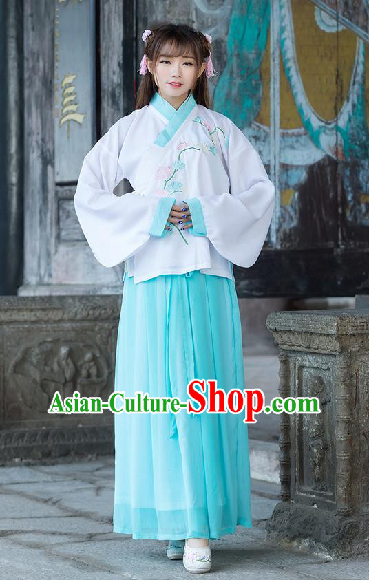Traditional Chinese Ancient Costume, Elegant Hanfu Clothing Embroidered Wide Sleeve Blouse and Dress, China Ming Dynasty Elegant Blue Blouse and Skirt Complete Set for Women