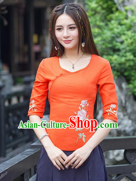 Traditional Ancient Chinese National Costume, Elegant Hanfu Linen Slant Opening Embroidered Orange T-Shirt, China Tang Suit Mandarin Collar Blouse Cheongsam Qipao Shirts Clothing for Women