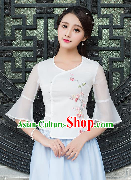 Traditional Ancient Chinese National Costume, Elegant Hanfu Chiffon Mandarin Sleeve Embroidered Shirt, China Tang Suit Blouse Cheongsam Qipao Shirts Clothing for Women