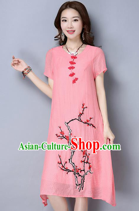 Traditional Ancient Chinese National Costume, Elegant Hanfu Mandarin Qipao Linen Hand Painting Plum Blossom Pink Dress, China Tang Suit Plate Buttons Cheongsam Upper Outer Garment Elegant Dress Clothing for Women