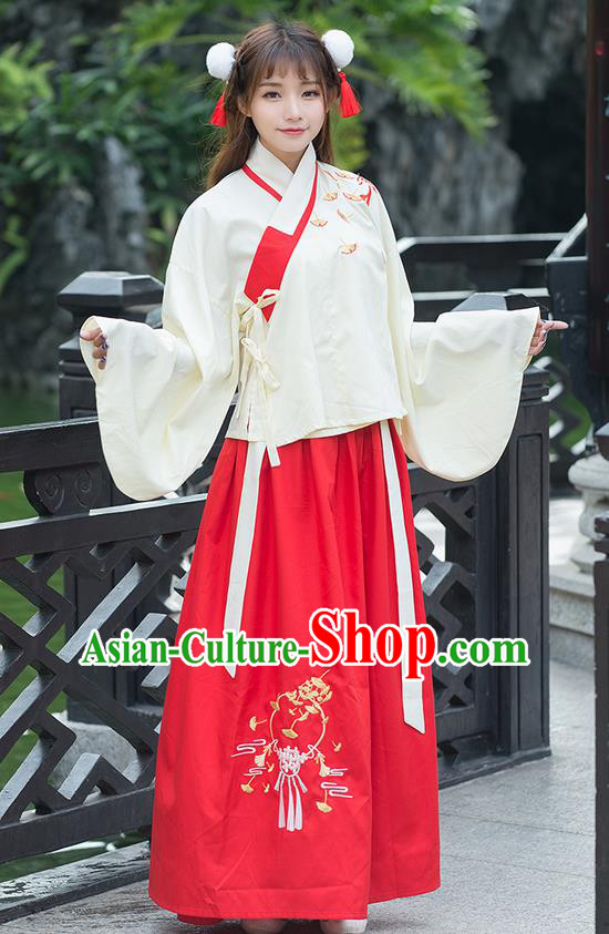 Traditional Ancient Chinese Costume, Elegant Hanfu Clothing Embroidered Ginkgo Leaf Sleeve Placket Blouse and Dress, China Ming Dynasty Elegant Blouse and Red Ru Skirt Complete Set for Women