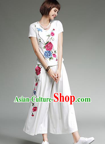 Traditional Chinese National Costume Loose Pants, Elegant Hanfu Embroidered White Ultra-Wide-Leg Trousers, China Ethnic Minorities Tang Suit Pantalettes for Women