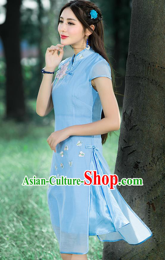 Traditional Ancient Chinese National Costume, Elegant Hanfu Mandarin Qipao Embroidered Blue Stand Collar Dress, China Tang Suit Plated Buttons Cheongsam Upper Outer Garment Elegant Dress Clothing for Women