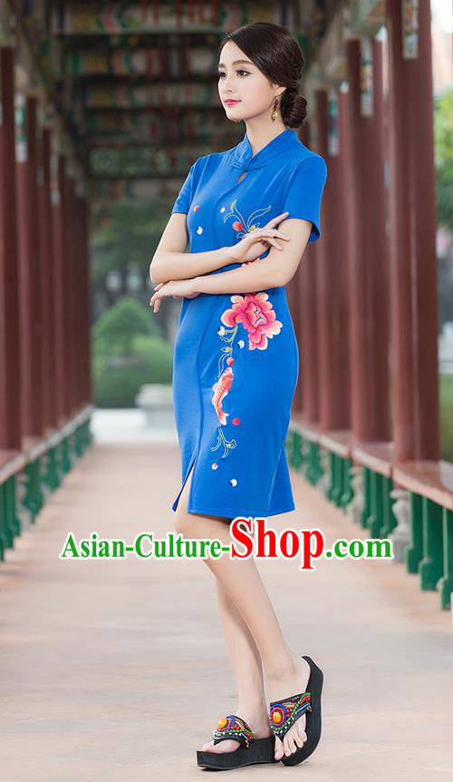 Traditional Ancient Chinese National Costume, Elegant Hanfu Stand Collar Mandarin Qipao Embroidered Blue Short Dress, China Tang Suit Cheongsam Upper Outer Garment Elegant Dress Clothing for Women