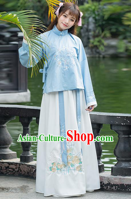 Traditional Ancient Chinese Costume, Elegant Hanfu Clothing Embroidered Stand Collar Blouse and Dress, China Ming Dynasty Elegant Slant Opening Blouse and Skirt Complete Set for Women