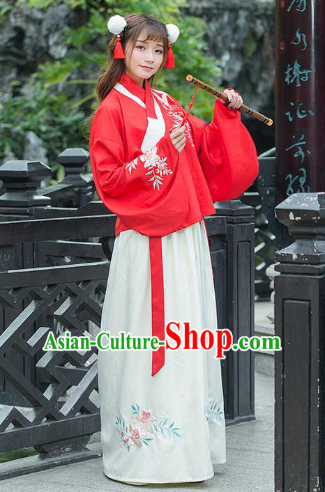 Traditional Ancient Chinese Costume, Elegant Hanfu Clothing Embroidered Red Blouse and Dress, China Han Dynasty Elegant Slant Opening Blouse and Skirt Complete Set for Women