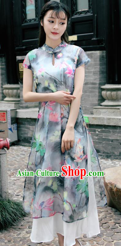 Traditional Ancient Chinese National Costume, Elegant Hanfu Mandarin Qipao Silk Ink Painting Dress, China Tang Suit Chirpaur Republic of China Cheongsam Upper Outer Garment Elegant Dress Clothing for Women
