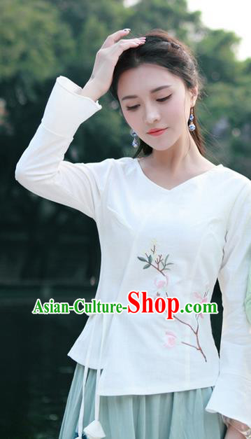 Traditional Chinese National Costume, Elegant Hanfu Slant Opening Print Peach Blossom White Shirt, China Tang Suit Republic of China Blouse Cheongsam Upper Outer Garment Qipao Shirts Clothing for Women