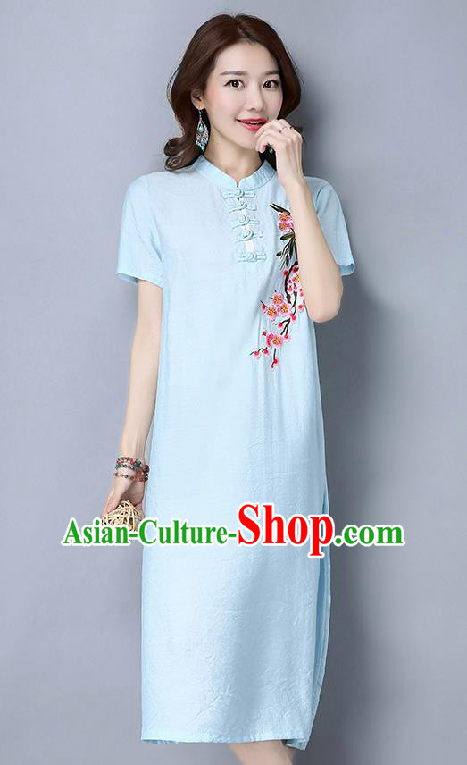 Traditional Ancient Chinese National Costume, Elegant Hanfu Mandarin Qipao Embroidered Peach Blossom Blue Dress, China Tang Suit Stand Collar Chirpaur Republic of China Cheongsam Upper Outer Garment Elegant Dress Clothing for Women