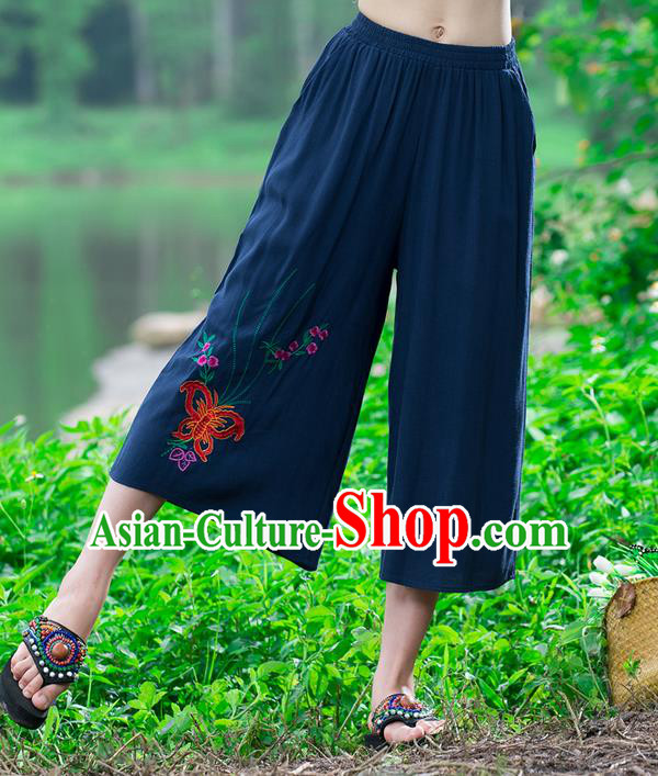 Traditional Chinese National Costume Loose Pants, Elegant Hanfu Embroidered Butterfly Navy Wide-leg Trousers, China Ethnic Minorities Folk Dance Baggy Pants for Women