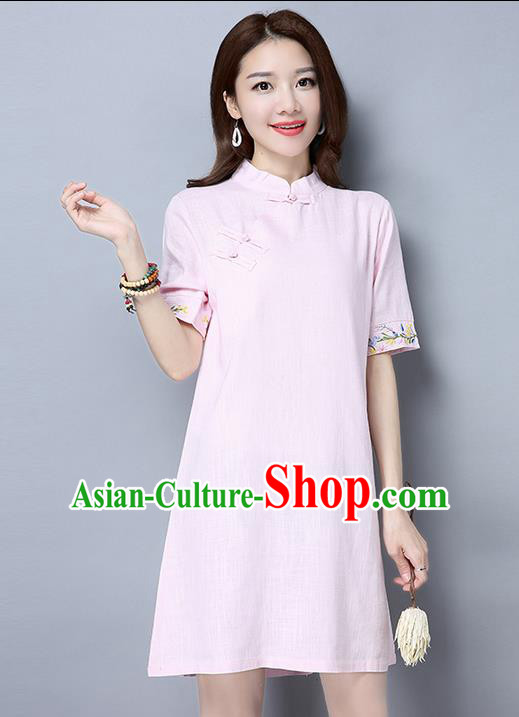 Traditional Ancient Chinese National Costume, Elegant Hanfu Mandarin Qipao Brocade Embroidered Pink Dress, China Tang Suit Chirpaur Republic of China Cheongsam Upper Outer Garment Elegant Dress Clothing for Women