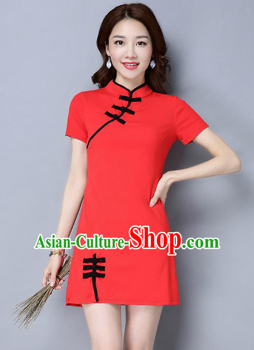 Traditional Ancient Chinese National Costume, Elegant Hanfu Mandarin Qipao Linen Red Dress, China Tang Suit Plated Buttons Short Chirpaur Republic of China Cheongsam Upper Outer Garment Elegant Dress Clothing for Women