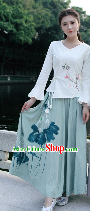 Traditional Ancient Chinese National Costume Pleated Skirt, Elegant Hanfu Linen Printing Long Green Dress, China Tang Dynasty Bust Skirt for Women