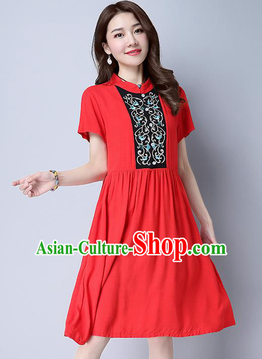 Traditional Ancient Chinese National Costume, Elegant Hanfu Mandarin Qipao Embroidery Red Dress, China Tang Suit Chirpaur Republic of China Cheongsam Upper Outer Garment Elegant Dress Clothing for Women
